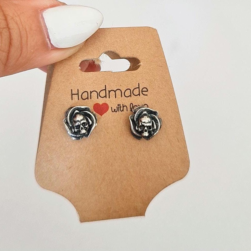 Roses and Skulls Stud Earrings - Gothic Style - Sterling Silver -