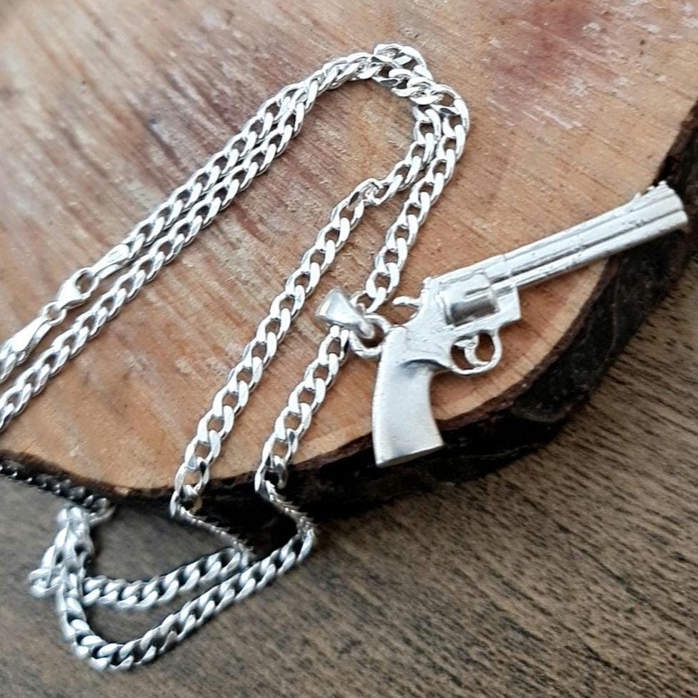 Handmade Sterling Silver Revolver Pendant: Western Style Jewelry
