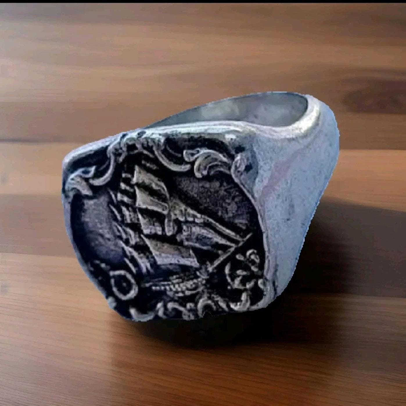 Handmade Sterling Silver Kraken Signet Ring: Gothic Pirate Ship Design