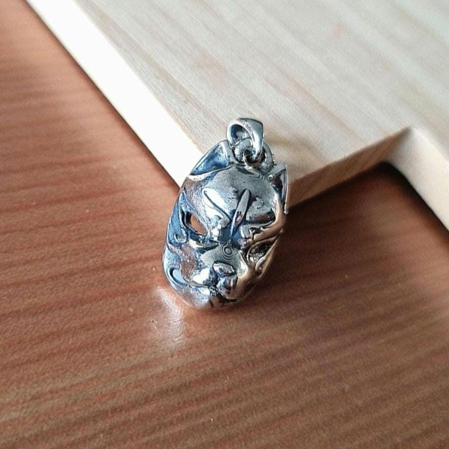 Sterling Silver Japanese Kitsune Fox Mask Pendant: Edgy Inari Necklace