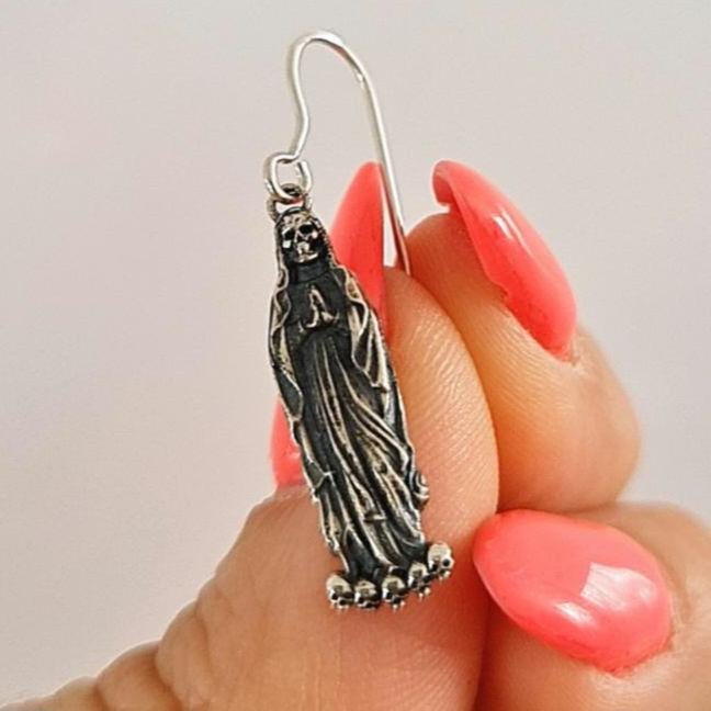 Santa Muerte Dangle Earrings Handmade 925 Sterling Silver - Beautifully Crafted Grim Reaper earrings