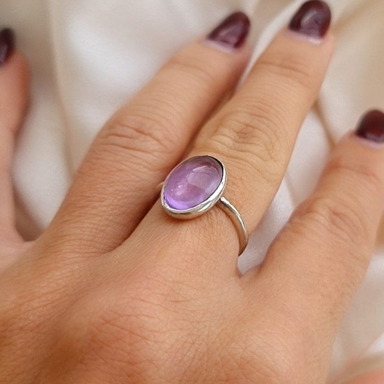 Handmade Oval Amethyst Ring: 925 Sterling Silver, February Birthstone