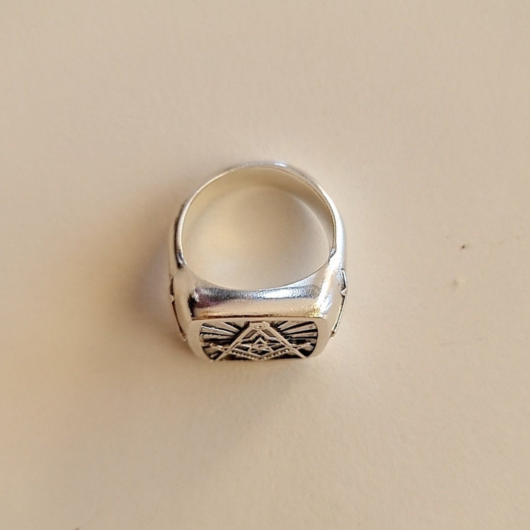 Masonic Square and Compass Symbol Ring - Solid Freemasonry Emblem for Men -925 Sterling Silver -
