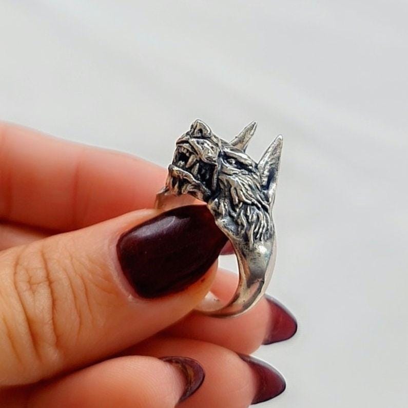 Handmade Sterling Silver Wolf Ring - Gothic Biker Jewelry