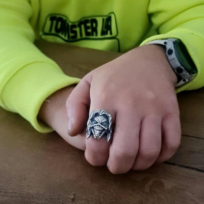 Handmade Sterling Silver Iron Maiden Killers - Eddie Skull Ring: Biker Rock Pendant