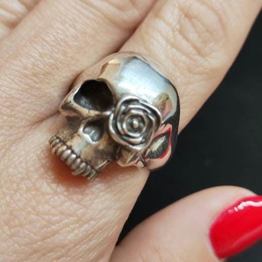 Handmade Sterling Silver Skull Ring: Gothic Rose Design