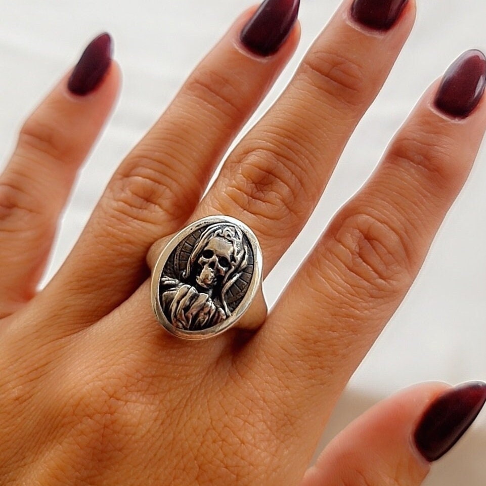 Handmade Santa Muerte Skull Ring: Gothic 925 Silver Jewelry