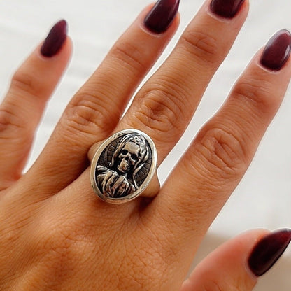 Handmade Santa Muerte Skull Ring: Gothic 925 Silver Jewelry
