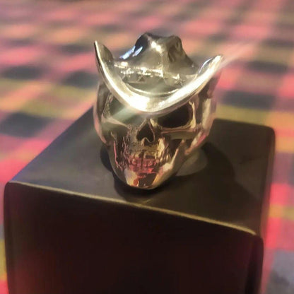 Handmade Sterling Silver Cowboy Skull Ring - Gothic Biker Jewelry