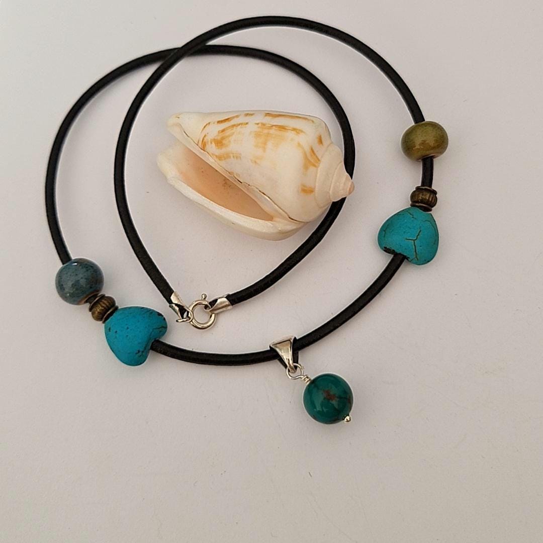 Genuine Turquoise Bead Necklace | 45 cm PU Cord with Silver Bail & Silver Clasp |December Birthstone