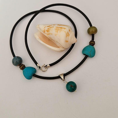 Genuine Turquoise Bead Necklace | 45 cm PU Cord with Silver Bail & Silver Clasp |December Birthstone