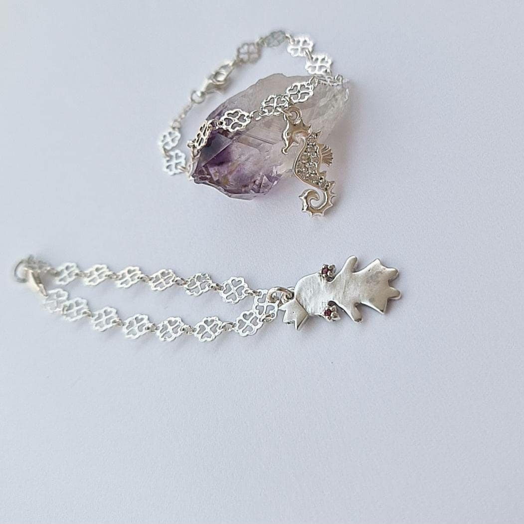 Children’s Sterling Silver Bracelets – Seahorse with Sparkling Stones & Little Princess Charm – 15cm Floral Chain