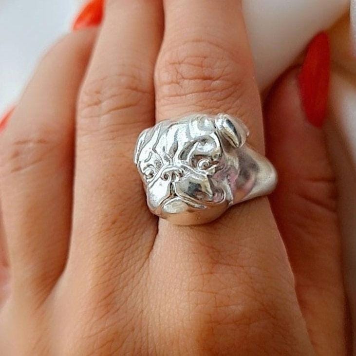 Handmade Sterling Silver Pug Ring: Detailed 925 Silver Dog Jewelry