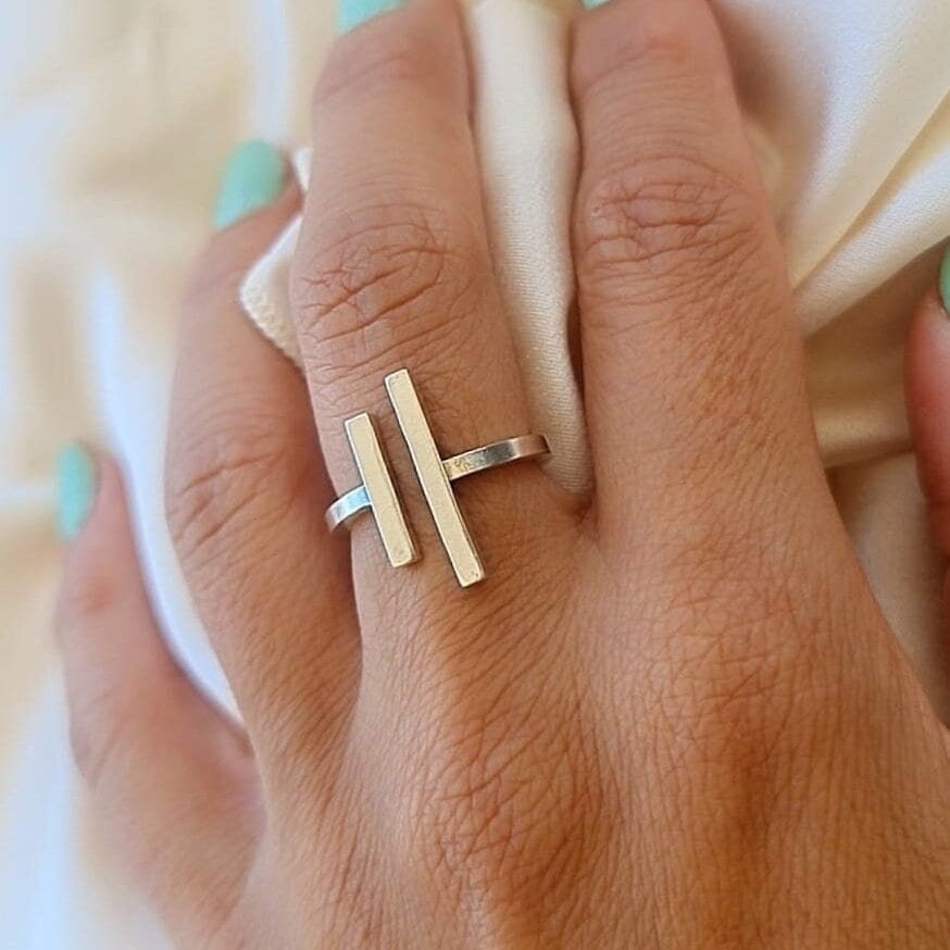 Handmade Sterling Silver Parallel Bars Ring: Minimalist Geometric Jewelry