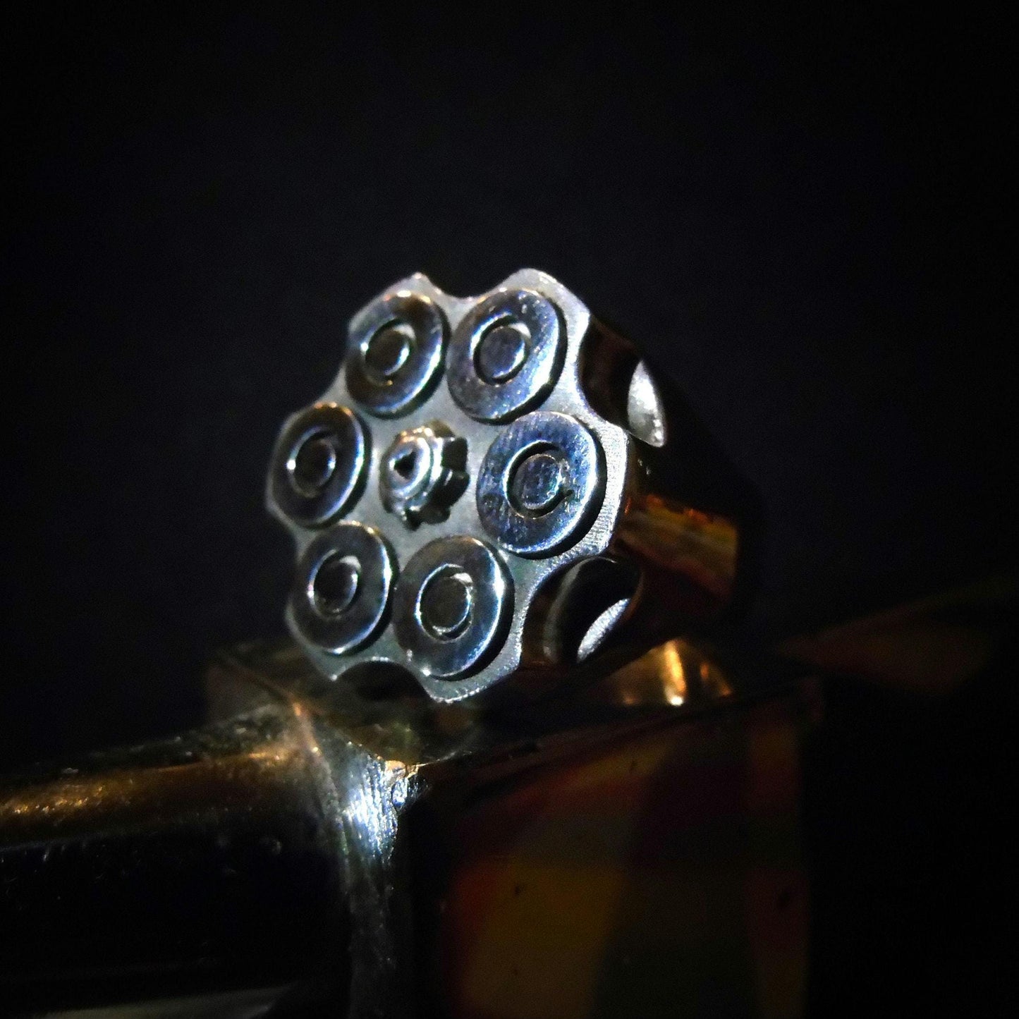 Bullet Revolver Ring - Ammo Signet Ring: Sterling Silver  Bullet Casing, Rebel Biker Style, Magnum Revolver Gun Cylinder Ring