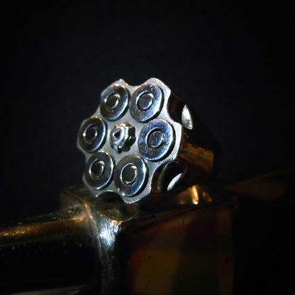 Bullet Revolver Ring - Ammo Signet Ring: Sterling Silver  Bullet Casing, Rebel Biker Style, Magnum Revolver Gun Cylinder Ring