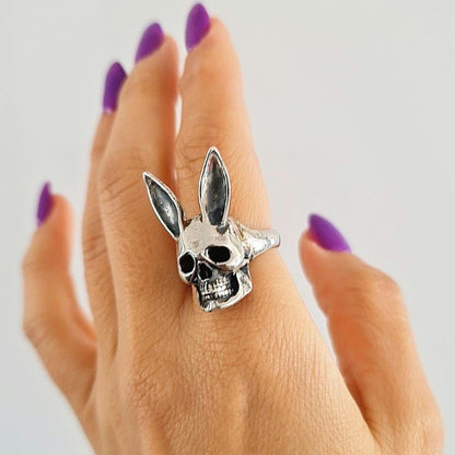 Handmade Sterling Silver Bunny Skull Ring: Gothic Statement Jewelry