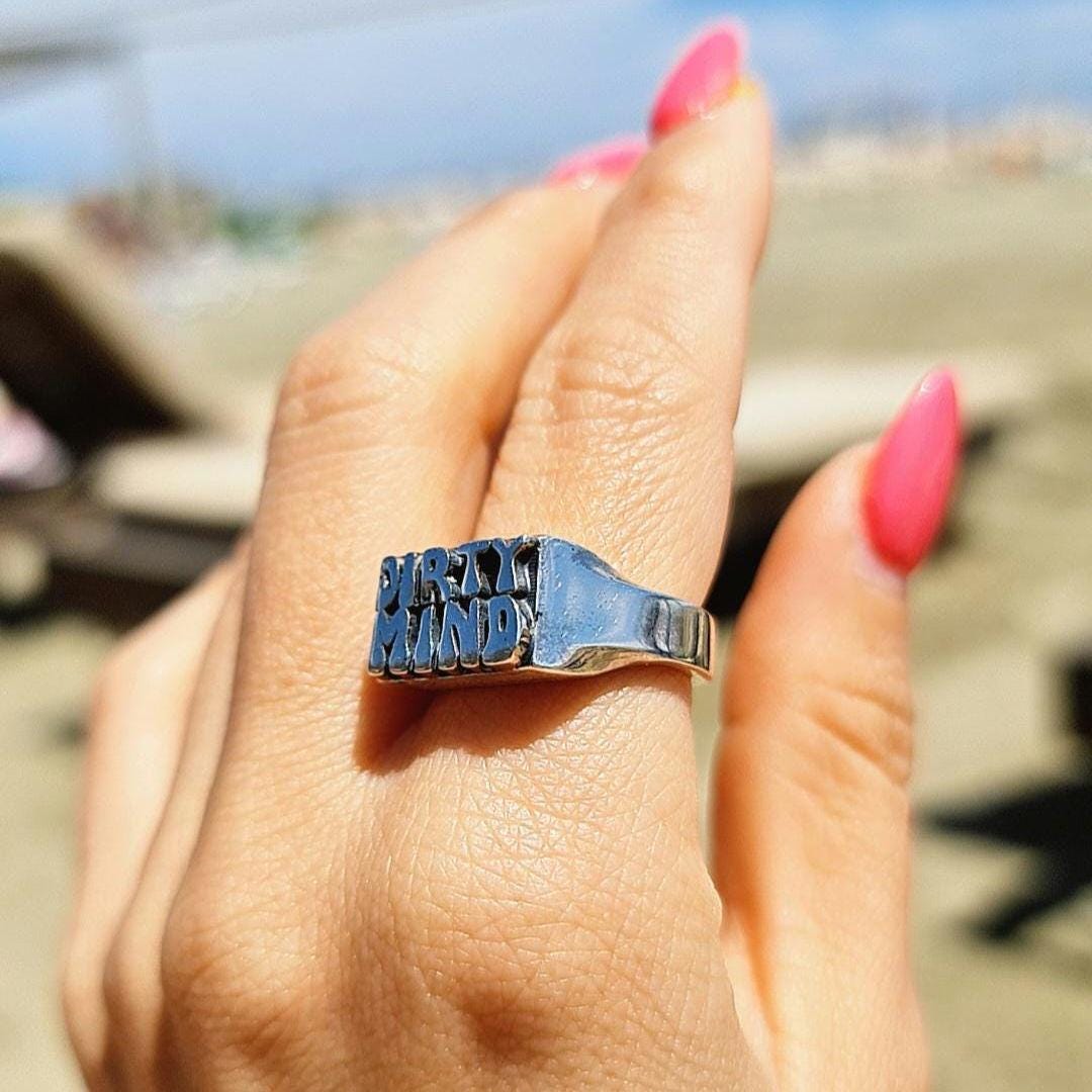 Handmade Sterling Silver "DIRTY MIND" Ring - Gothic Retro Style