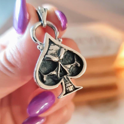 Handmade Sterling Silver Ace of Spades Skull Pendant: Gothic Punk Jewelry