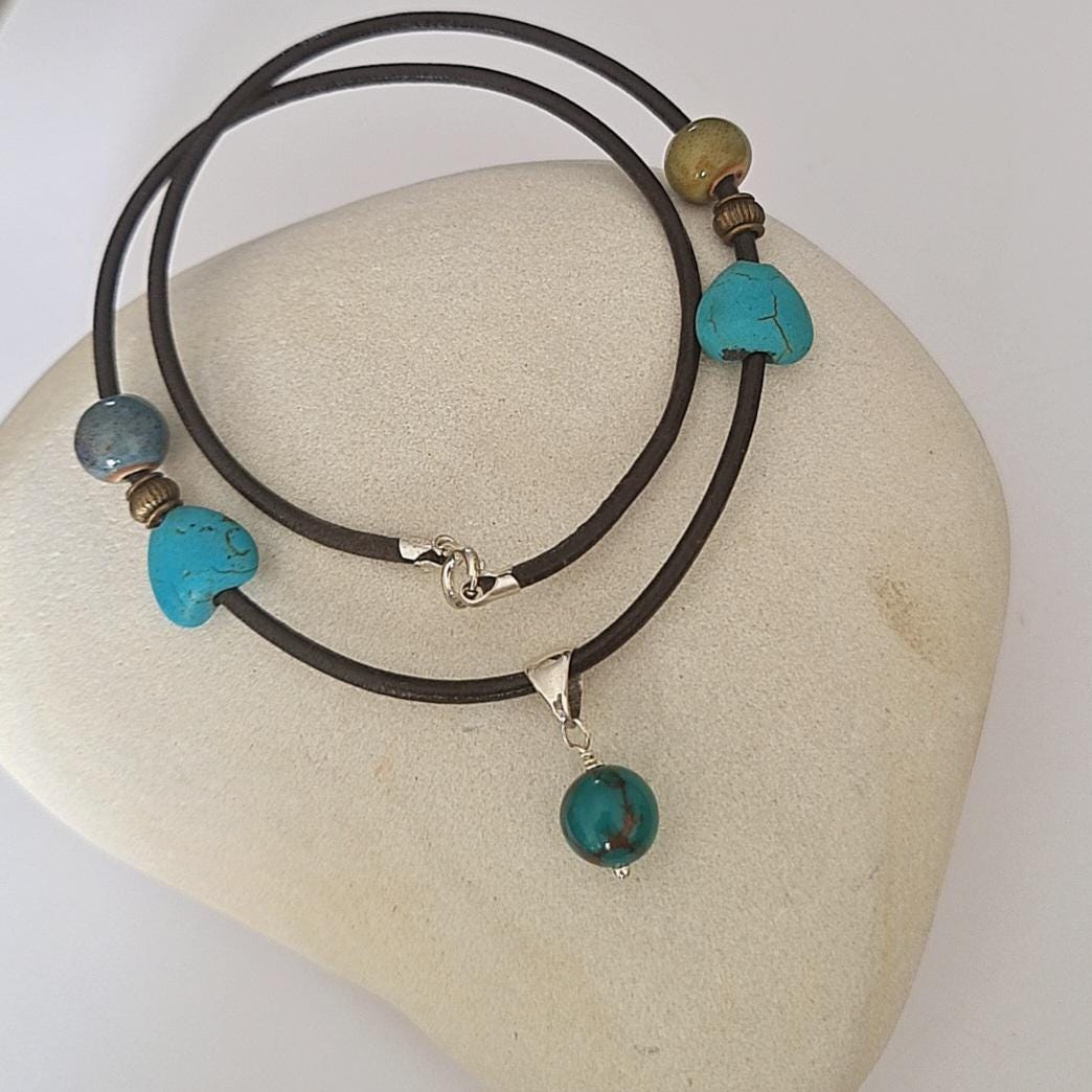 Genuine Turquoise Bead Necklace | 45 cm PU Cord with Silver Bail & Silver Clasp |December Birthstone