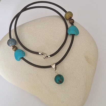 Genuine Turquoise Bead Necklace | 45 cm PU Cord with Silver Bail & Silver Clasp |December Birthstone