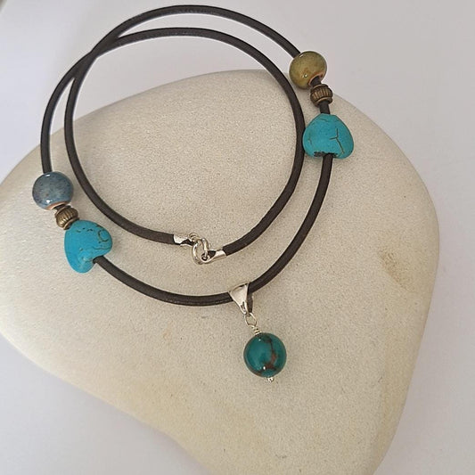 Genuine Turquoise Bead Necklace | 45 cm PU Cord with Silver Bail & Silver Clasp |December Birthstone