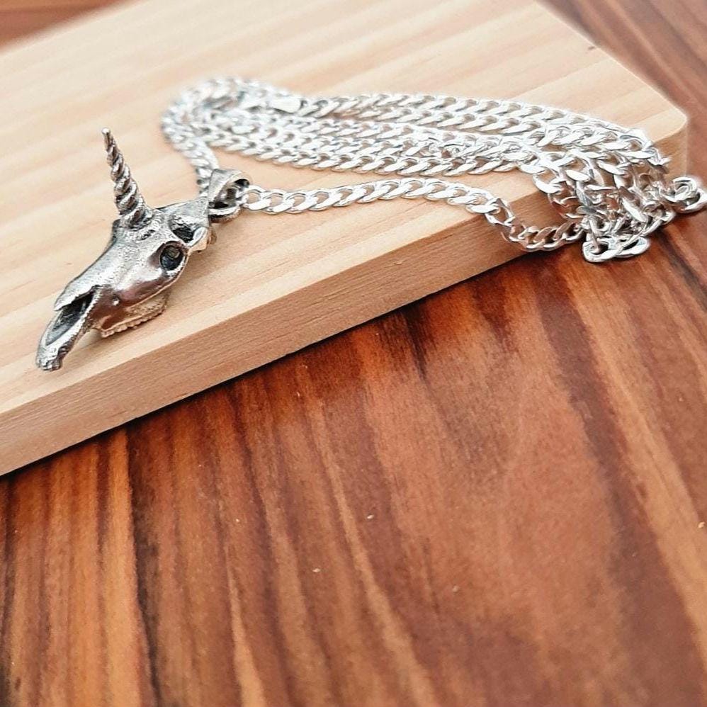 Unicorn Skull Pendant – Sterling Silver  – Mythical Skeleton Jewelry – Enchanted Animal  – Gothic Fantasy Gift