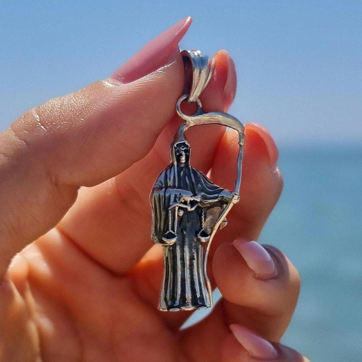 Handmade Gothic Santa Muerte 925 Silver Pendant