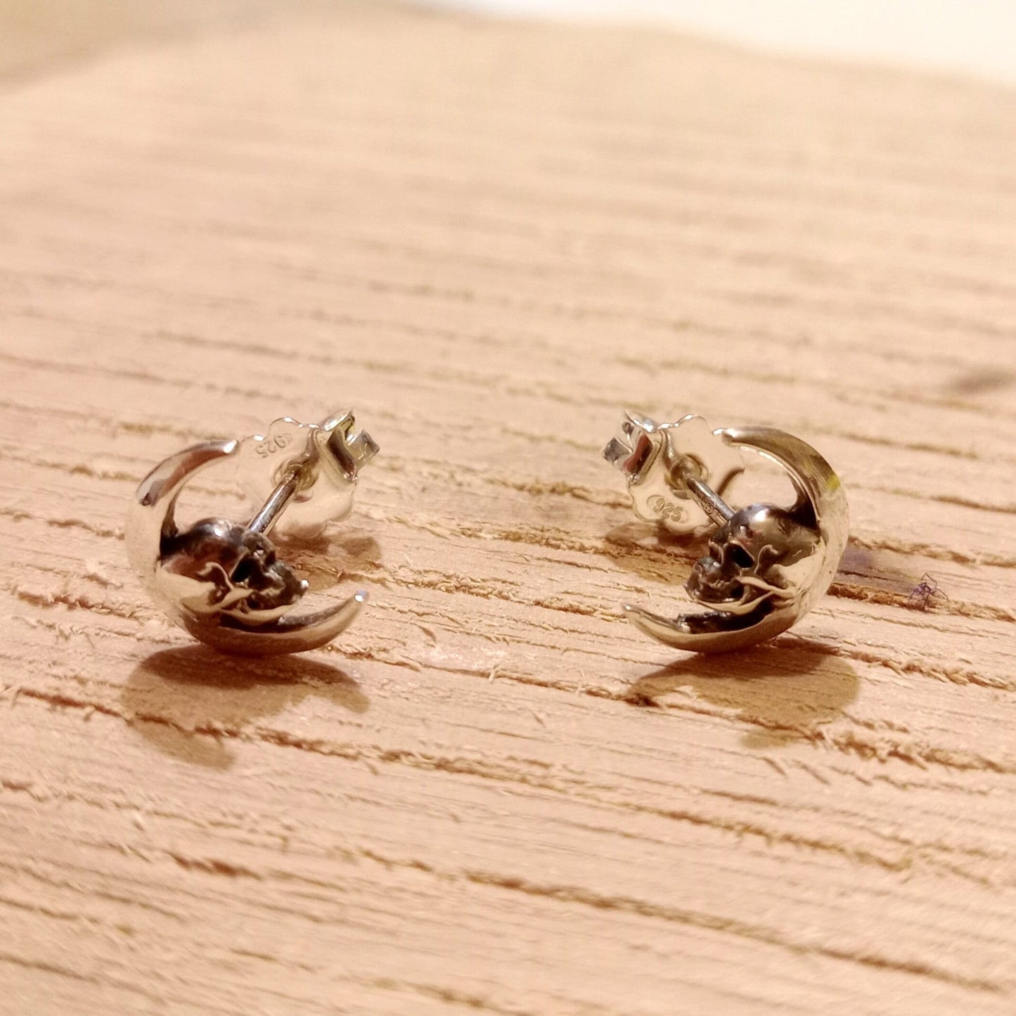 Handmade Gothic Skull Crescent Stud Earrings: 925 Sterling Silver