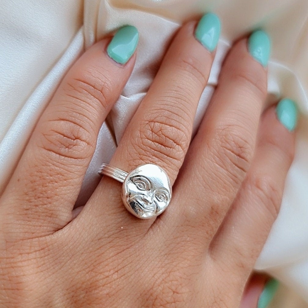 Handmade Sterling Silver Full Moon Face Ring: Celestial Jewelry