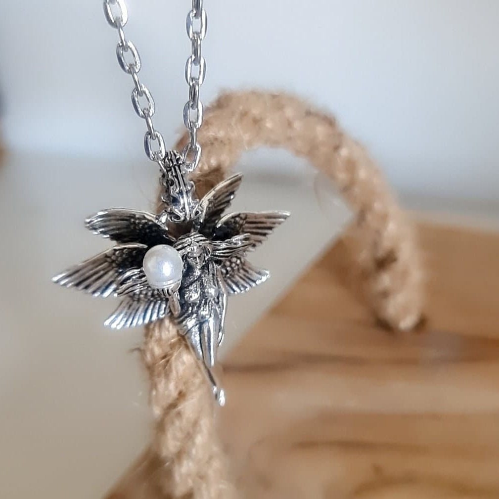 Retro Pearl Goddess Wing Angel Necklace  Unisex anime statement Necklace