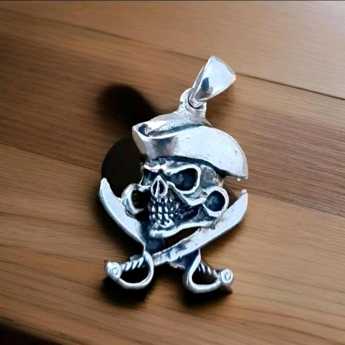 Handmade Silver Pirate Skull Necklace: Cross Swords Pendant