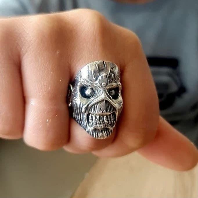 Handmade Sterling Silver Iron Maiden Eddie Skull Ring - Biker Punk Rock