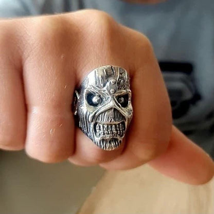 Handmade Sterling Silver Iron Maiden Eddie Skull Ring - Biker Punk Rock
