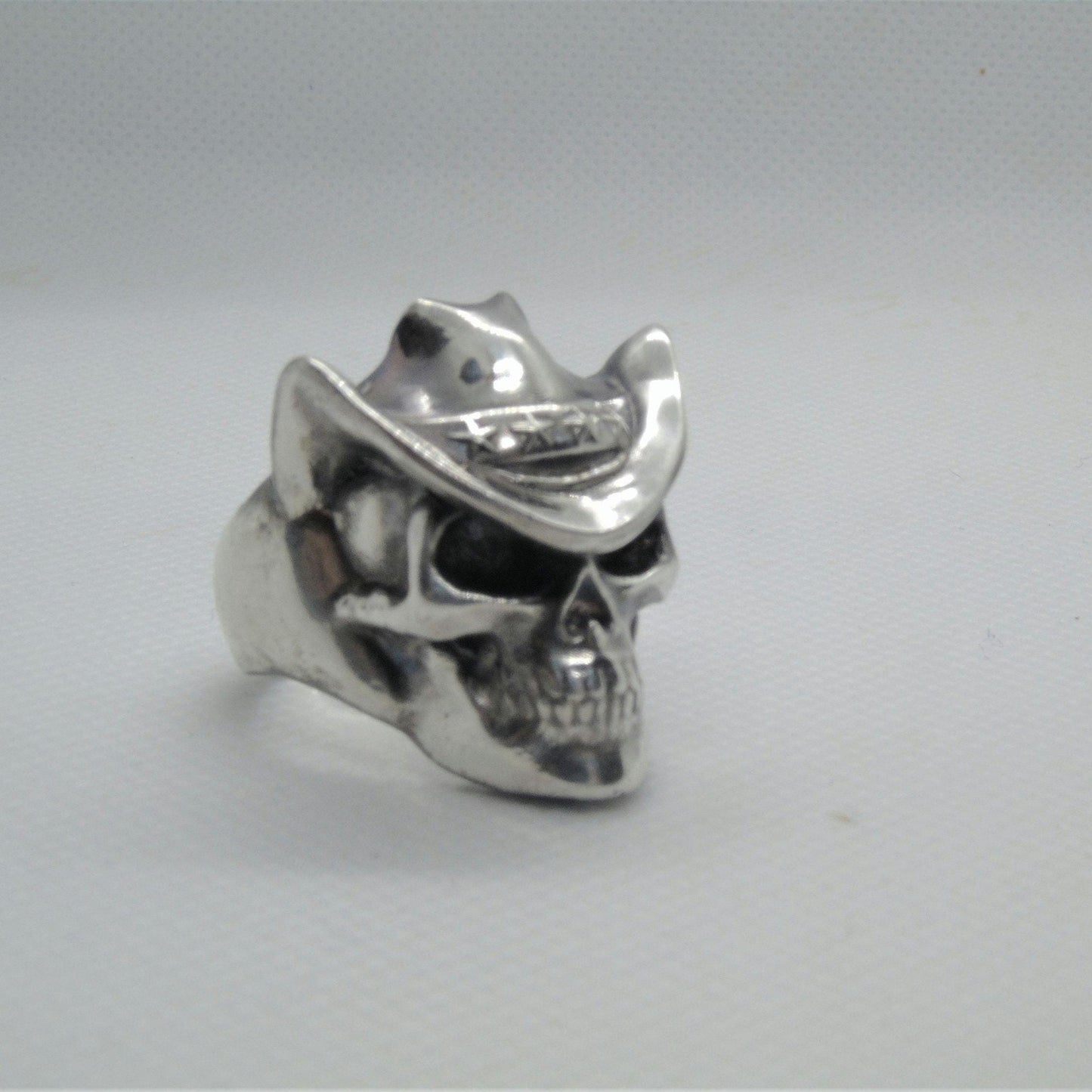 Handmade Sterling Silver Cowboy Skull Ring - Gothic Biker Jewelry