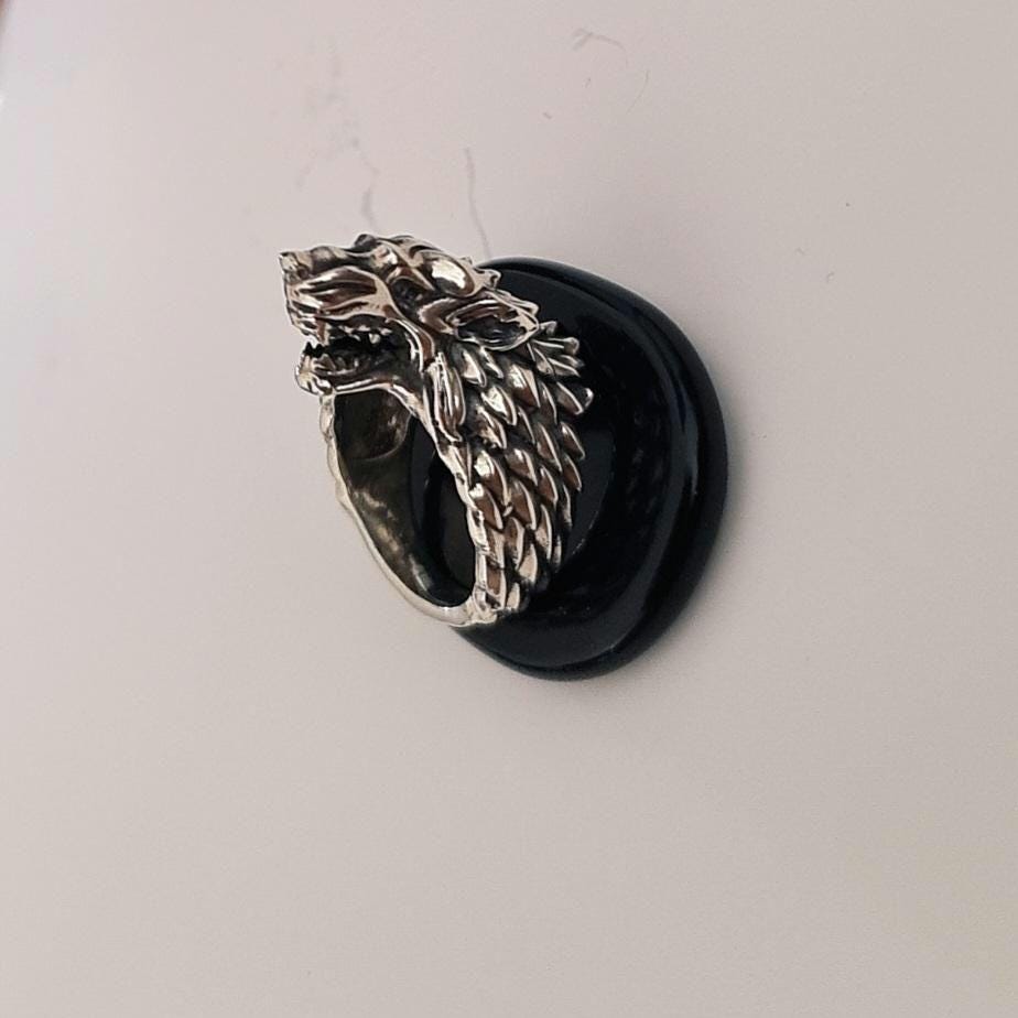 Sterling Silver Game of Thrones Direwolf Winter is Coming Ring: Handmade Viking Wolf Head Jewelry