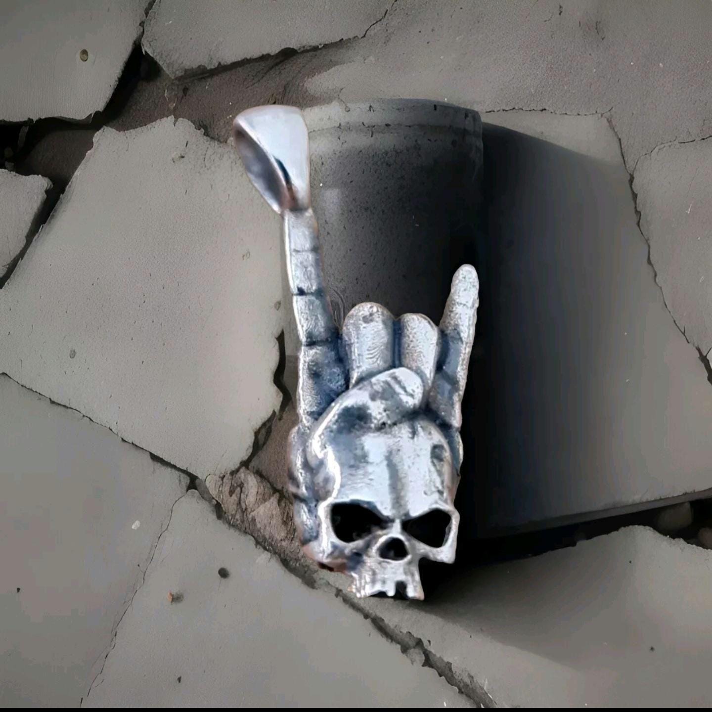 Sterling Silver Rock On Skull Pendant: Punk Gothic Jewelry