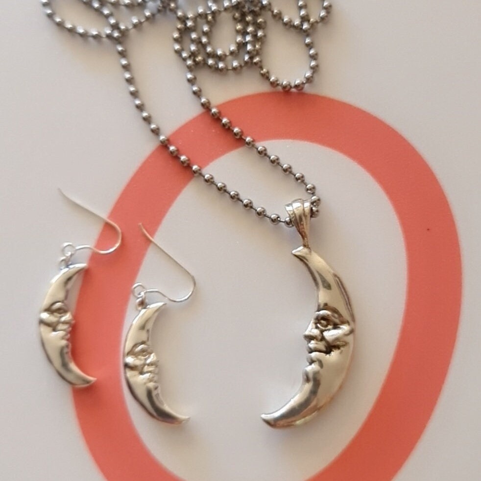 Crescent Moon Face Pendant  925 Sterling Silver - Unique Handcrafted
