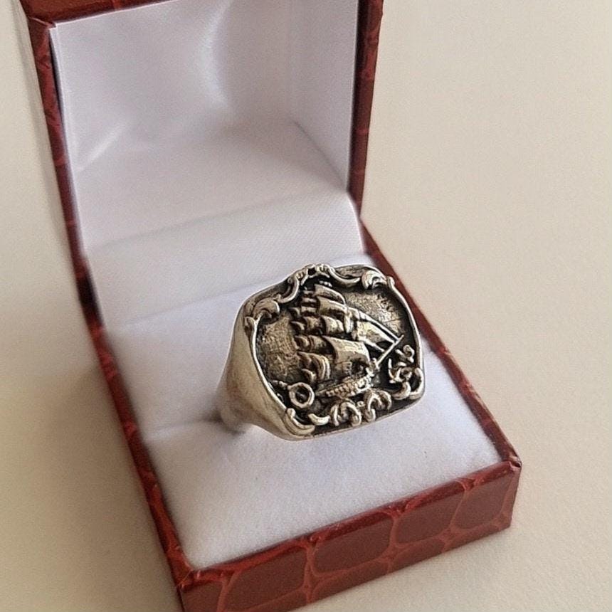 Handmade Sterling Silver Kraken Signet Ring: Gothic Pirate Ship Design