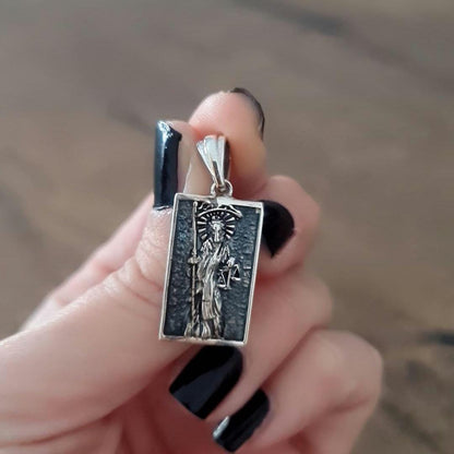Handmade Sterling Silver La Santa Muerte Pendant: Gothic Divine Protection