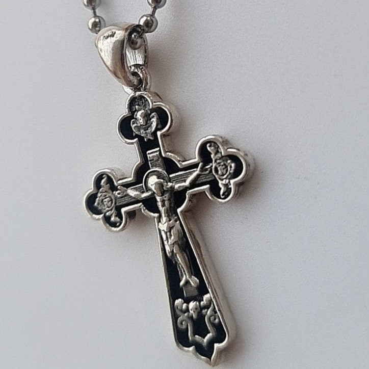 Handmade Sterling Silver Rosary Necklace: Jesus Crucifix Cross Pendant