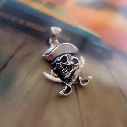 Handmade Silver Pirate Skull Necklace: Cross Swords Pendant