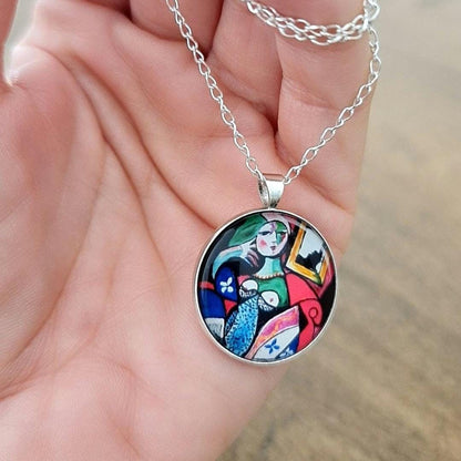 Picasso Art Nouveau Cabochon Necklace: 925 Sterling Silver Pendant
