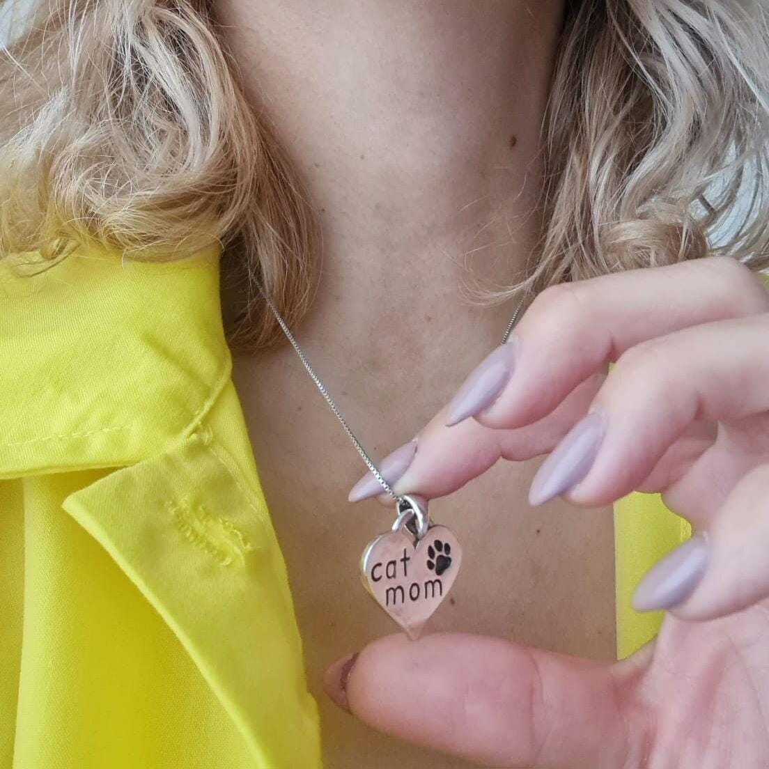 Handmade Sterling Silver Cat Mom Heart Pendant - Paw Print Charm