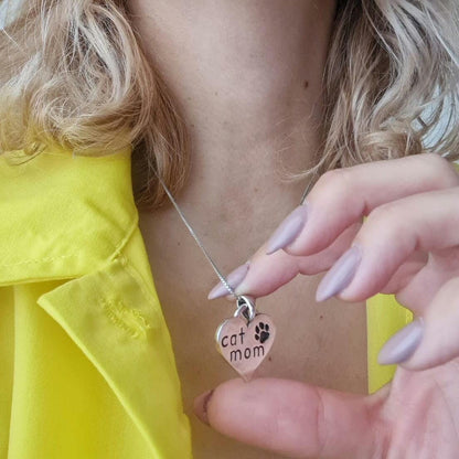 Handmade Sterling Silver Cat Mom Heart Pendant - Paw Print Charm