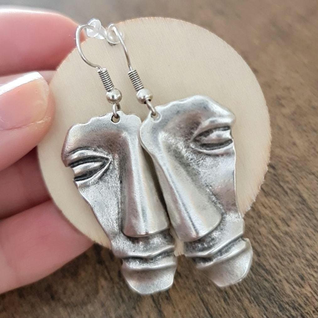 Abstract Face Dangle Earrings: Stainless Steel Modern Art Statement Piece