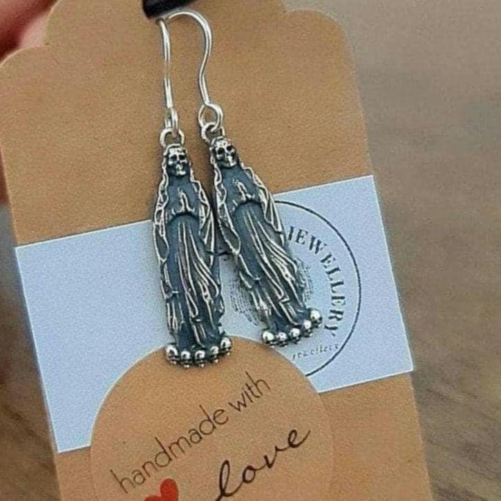 Santa Muerte Dangle Earrings Handmade 925 Sterling Silver - Beautifully Crafted Grim Reaper earrings