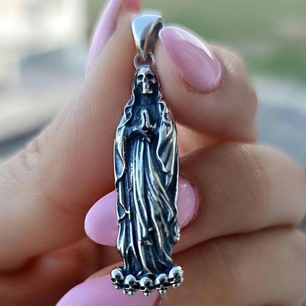 Handmade Santa Muerte Pendant  Sterling Silver Gothic Necklace