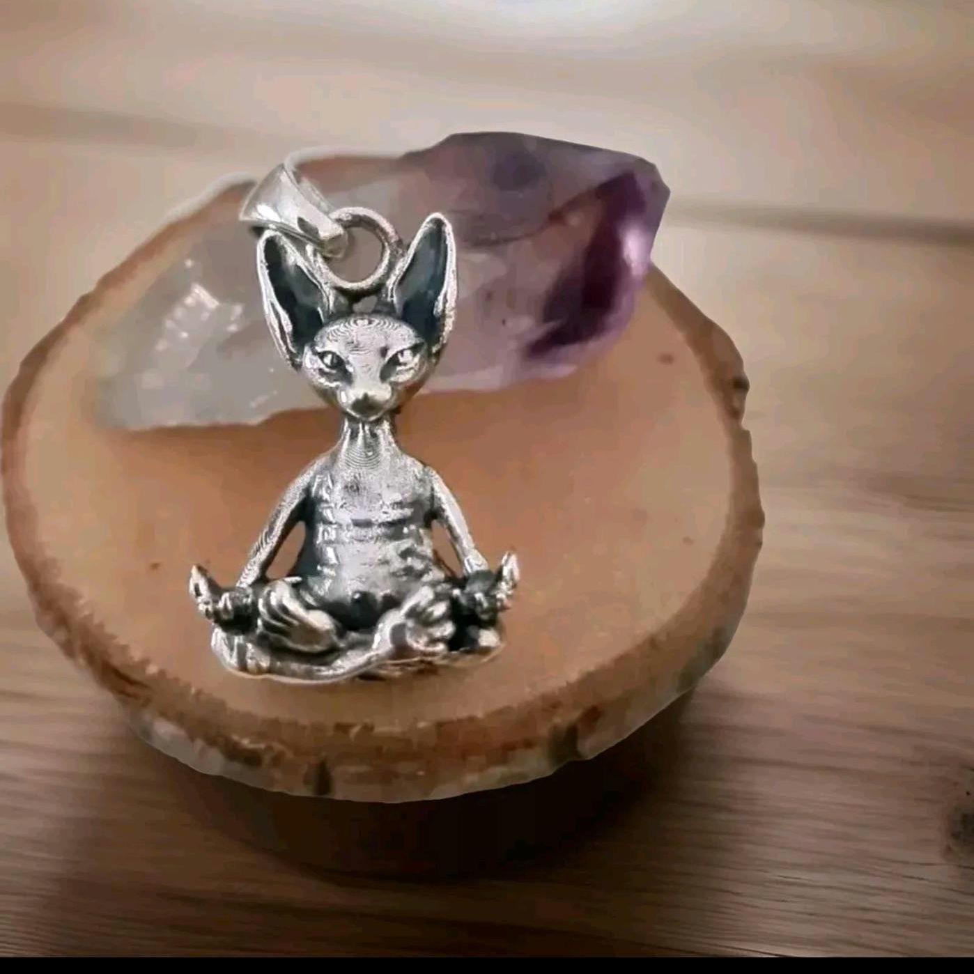 Handmade Sterling Silver Sphynx Cat Pendant: Zen Yoga Pose