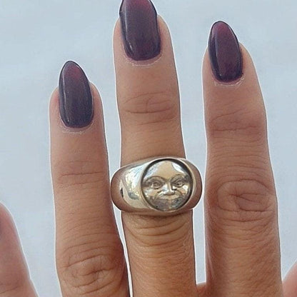 Handmade Sterling Silver Moon Face Ring - Celestial Jewelry
